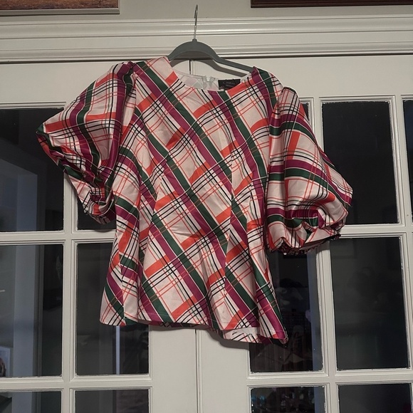 Gracia Check Pattern Puff Sleeve Peplum Top - Picture 1 of 6